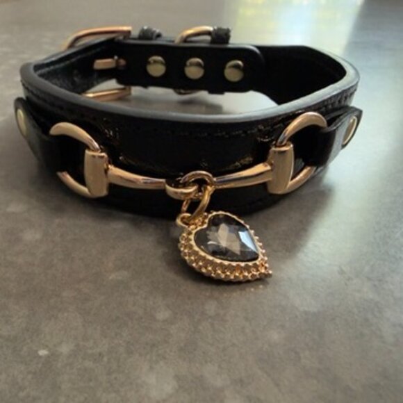 Pet Care Black Faux Leather Dog Collar with Crystal Heart Charm – Size Small - Picture 7 of 7